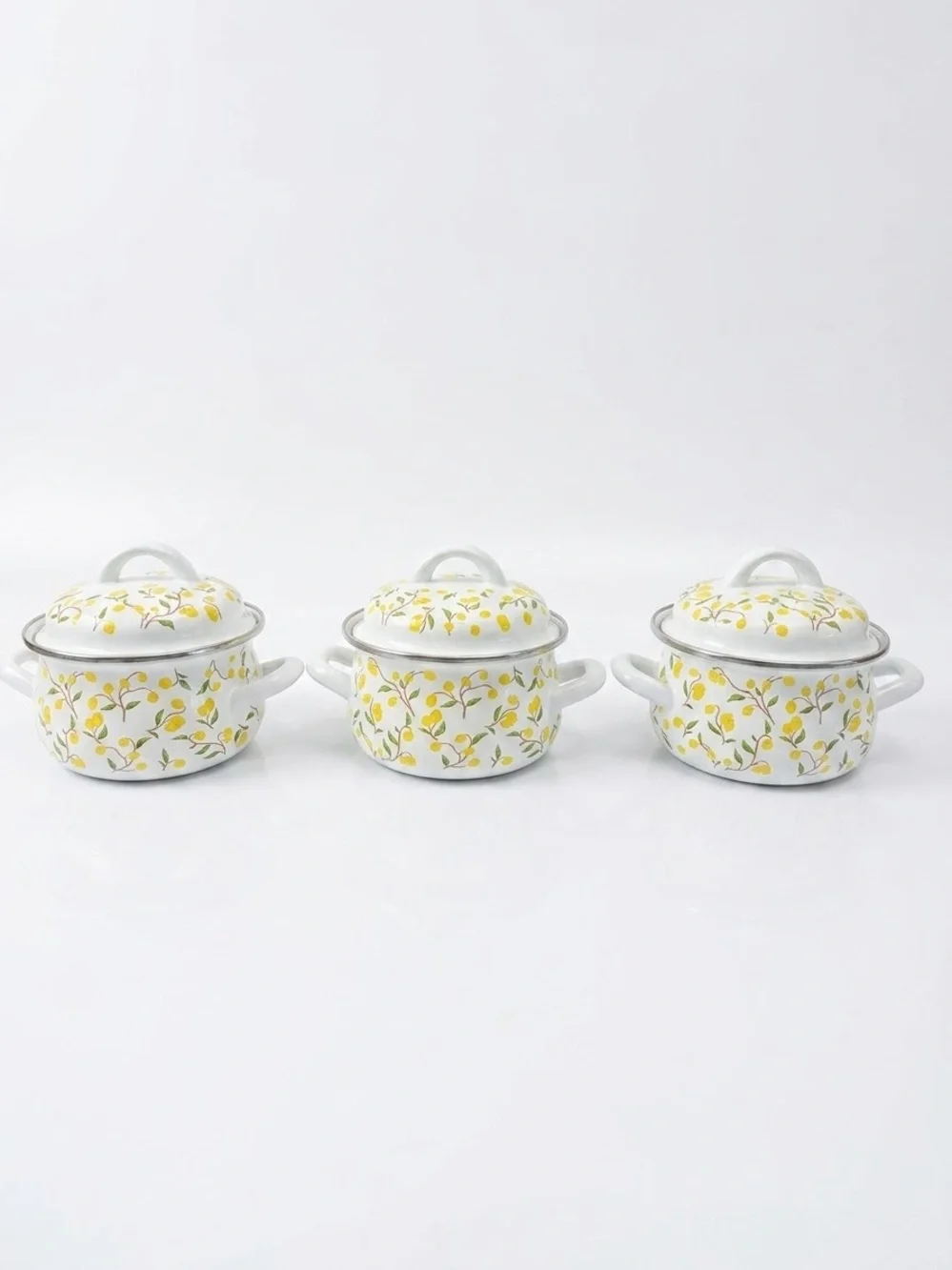 Lot Of  3 Crofton 1 -Quart Lemon  Enamelware Double Handle W/Lid